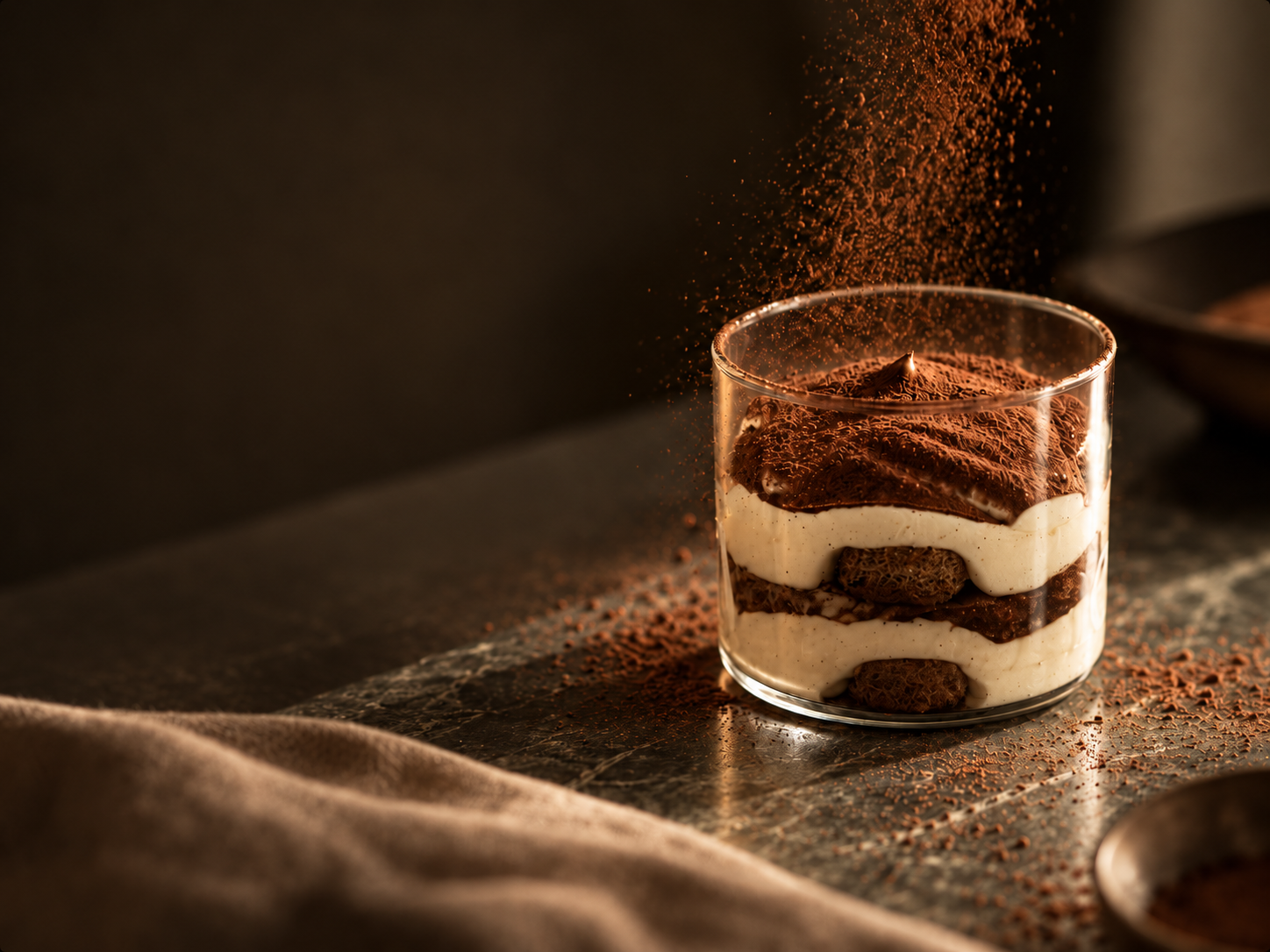 Tiramisu in a glass being dusted with cocoa